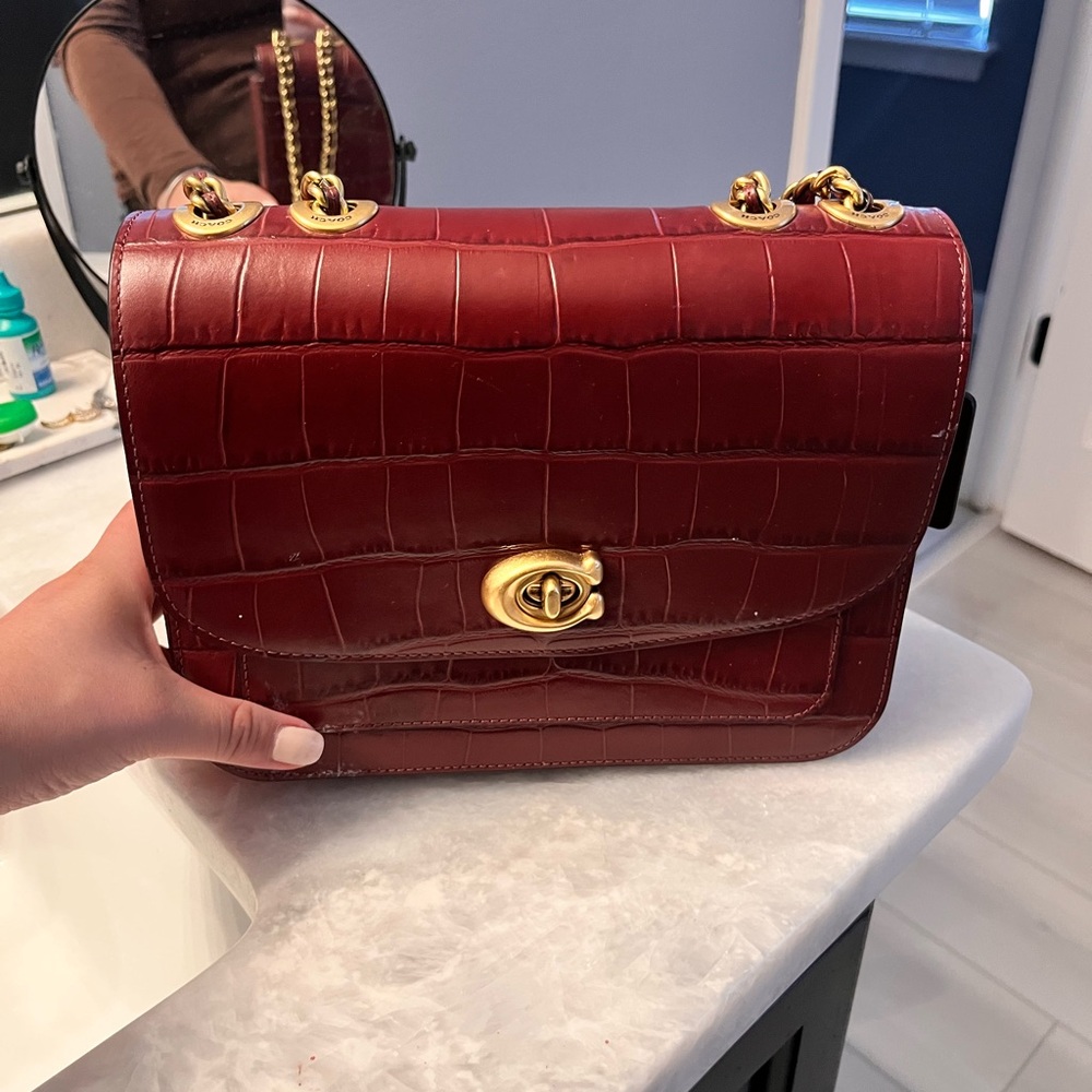 Coach Red and Gold Shoulder Bag with Crocodile Embossing